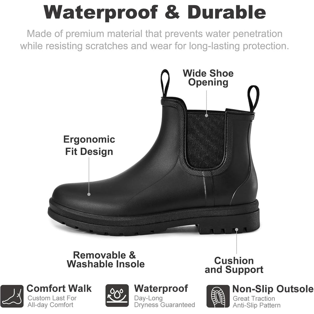 Planone Short Rain Boots for Women Chelsea Fashion Waterproof Ankle Non-Slip Matte Surface Rubber Boots Lightweight Outdoor Garden Shoes Work Booties for Ladies with Arch Support and Removable Comfort Insole