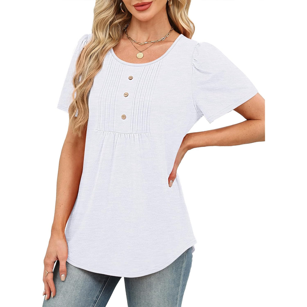 Womens Tops Dressy Casual Blouses Short Sleeve Shirts Plus Size Fashion Clothing Spring Summer Outfits Button Pleated Front