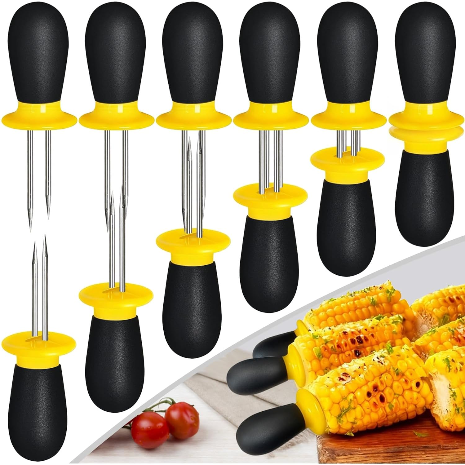 12 Pcs/6 Pairs Corn Holders, Stainless Steel Corn Cob Holders Corn On The Cob Skewers For Home Cooking Bbq Parties Camping, Yellow-Black