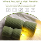 Olive Green Ribbed Flameless Pillar Candles With Remote Set Of 2 | 2 Aa Battery Powered, Flickering Led Decorative Candles, Home Shelf Table Decor, Real Wax Coating