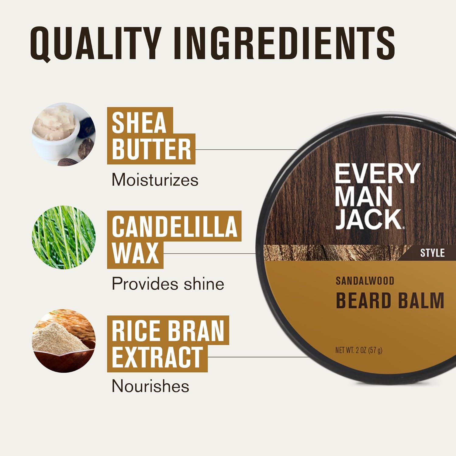 Every Man Jack Beard Styling Balm - Light Sandalwood Scent - Moisturize, Strengthen, and Style Your Beard - Medium Hold - Made w/Naturally Derived Ingredients like Candelilla Wax and Shea Butter - 2oz