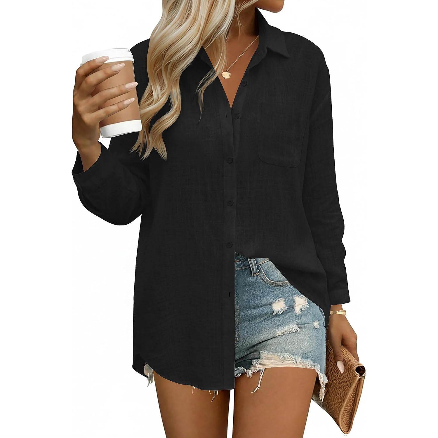 Hotouch Womens Button Down Shirts Linen Cotton Long Sleeve Blouses Casual Collared Loose Fit Gauze Tops With Pocket