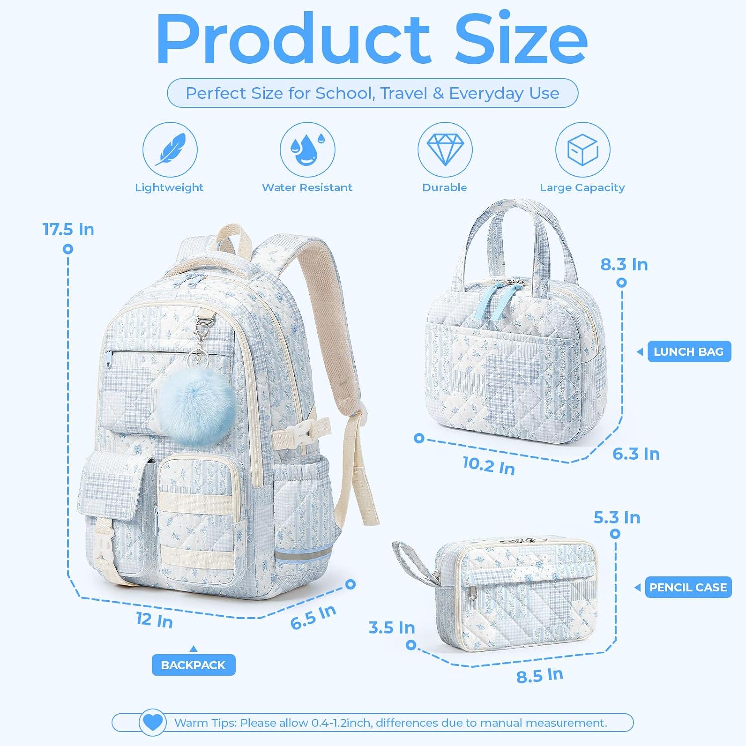 3Pcs Quilted Backpack Bundle, Floral Aesthetic Daily Carry Backpack With Insulated Thermal Tote & Multi-Use Storage Pouch, Matching Stylish Bag Set (Blue Floral Patchwork)