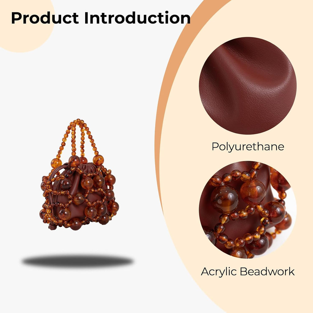 Women'S Brown Leather Shoulder Bag With Amber Bead Decoration, Bohemian Women'S Crossbody Bag, Cute Little Handbag