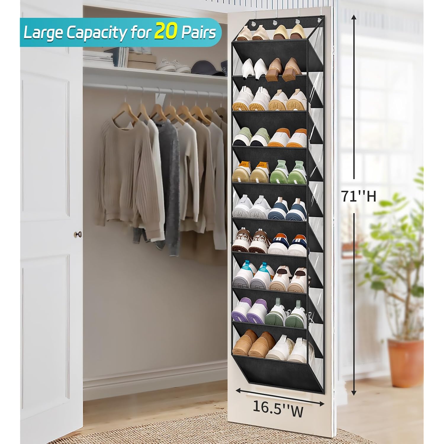 10 Tier Clear Over The Door Shoe Organizer Storage, Deep Pockets Large Hanging Shoe Rack For Closet Door, Fit 20 Pairs Shoe Holder Hanger For Sneakers, Boots (Black)