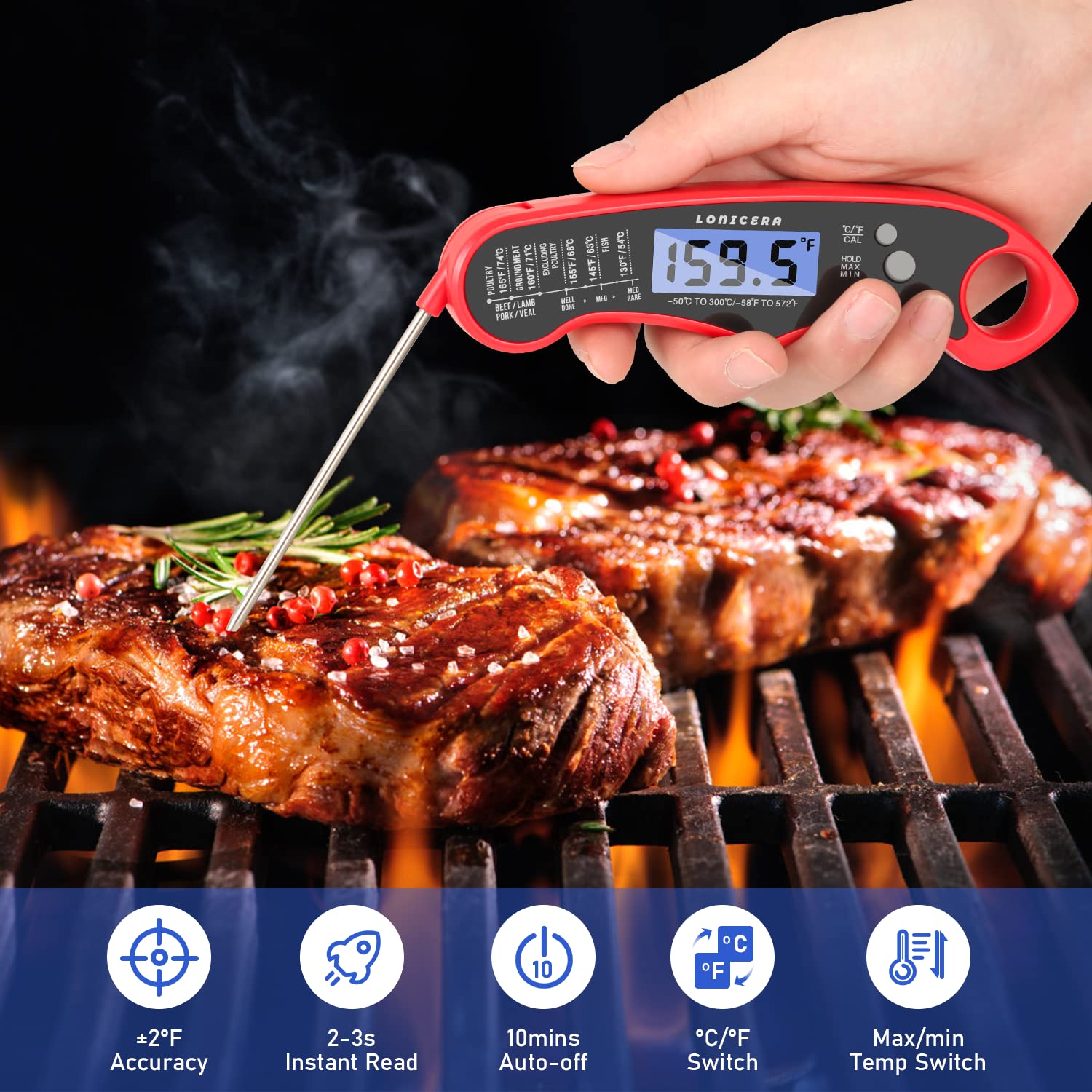 Lonicera Digital Meat Thermometer, Instant Read, Foldable Probe, Red | Ip66 Waterproof Design, Backlit Display, Calibration Function, For Meat, Baking And Grilling