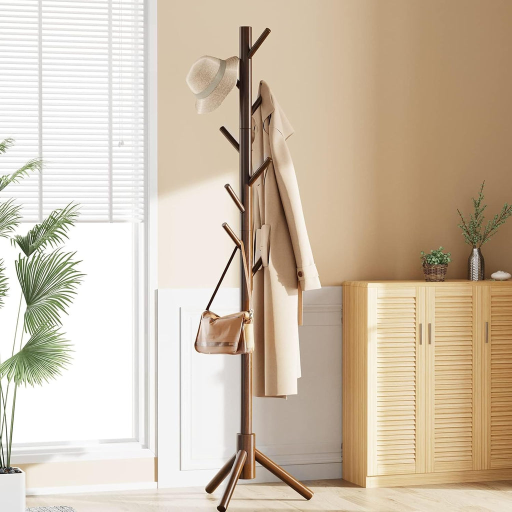 Pipishell Solid Wooden Coat Rack Freestanding, Hall Tree with 8 Hooks, 3 Height Options for Coats, Hats, Handbags, and Scarves, Tool-Free Assembly, Space Saving Design for Entryway, Office, Bedroom