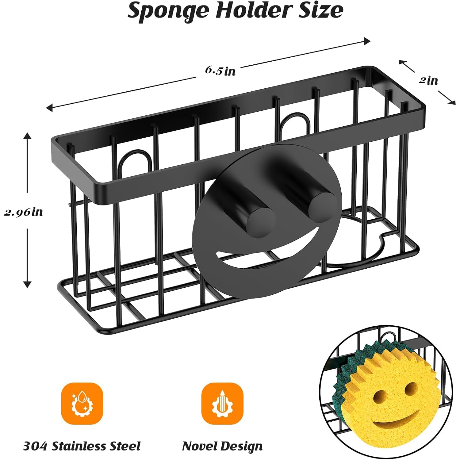 Sponge Holder Smiley Face, Sink Organizer With 2 Suction Cups/1 Adhesive Strips, Designed For Sponge, Soap, Dish Brush, Scrubber - Black
