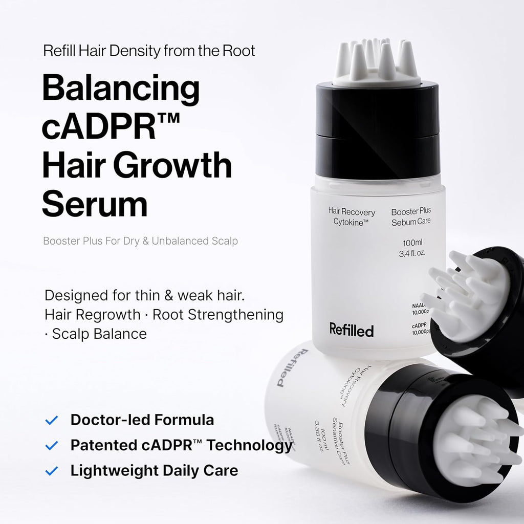 Refilled Cadpr Booster Plus Balancing Hair Growth Serum For Sensitive Scalp | Hair Density & Lightweight Moisture Scalp Care, Thin & Weak Hair, Non-Greasy With Built-In Scalp Massager