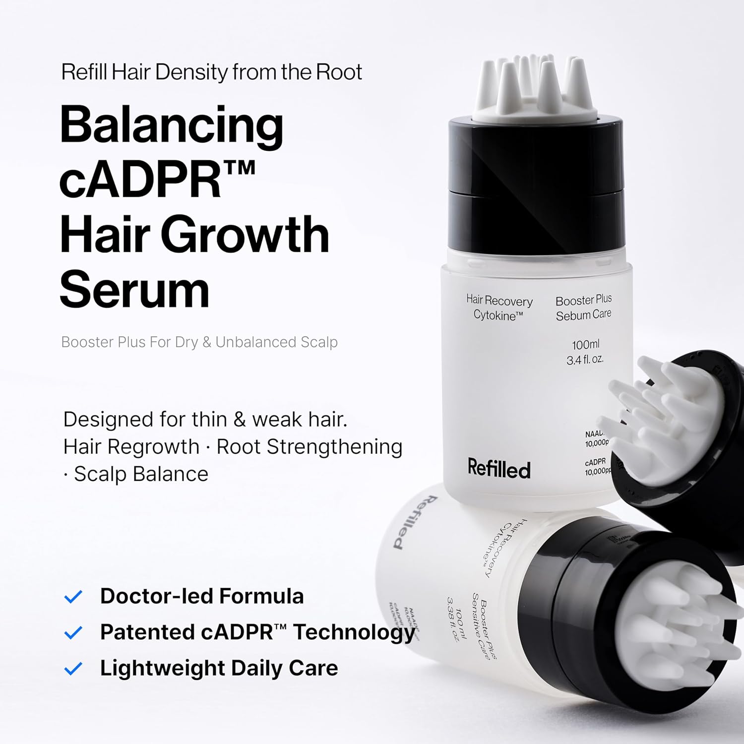 Refilled Cadpr Booster Plus Balancing Hair Growth Serum For Sensitive Scalp | Hair Density & Lightweight Moisture Scalp Care, Thin & Weak Hair, Non-Greasy With Built-In Scalp Massager