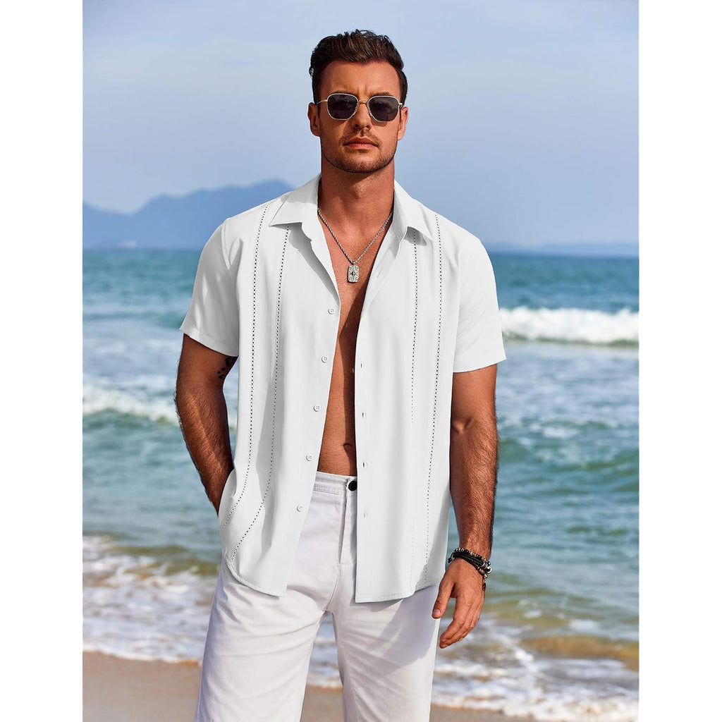 Coofandy Mens Cuban Guayabera Shirt Short Sleeve Button Down Shirts Summer Beach Vacation Shirts