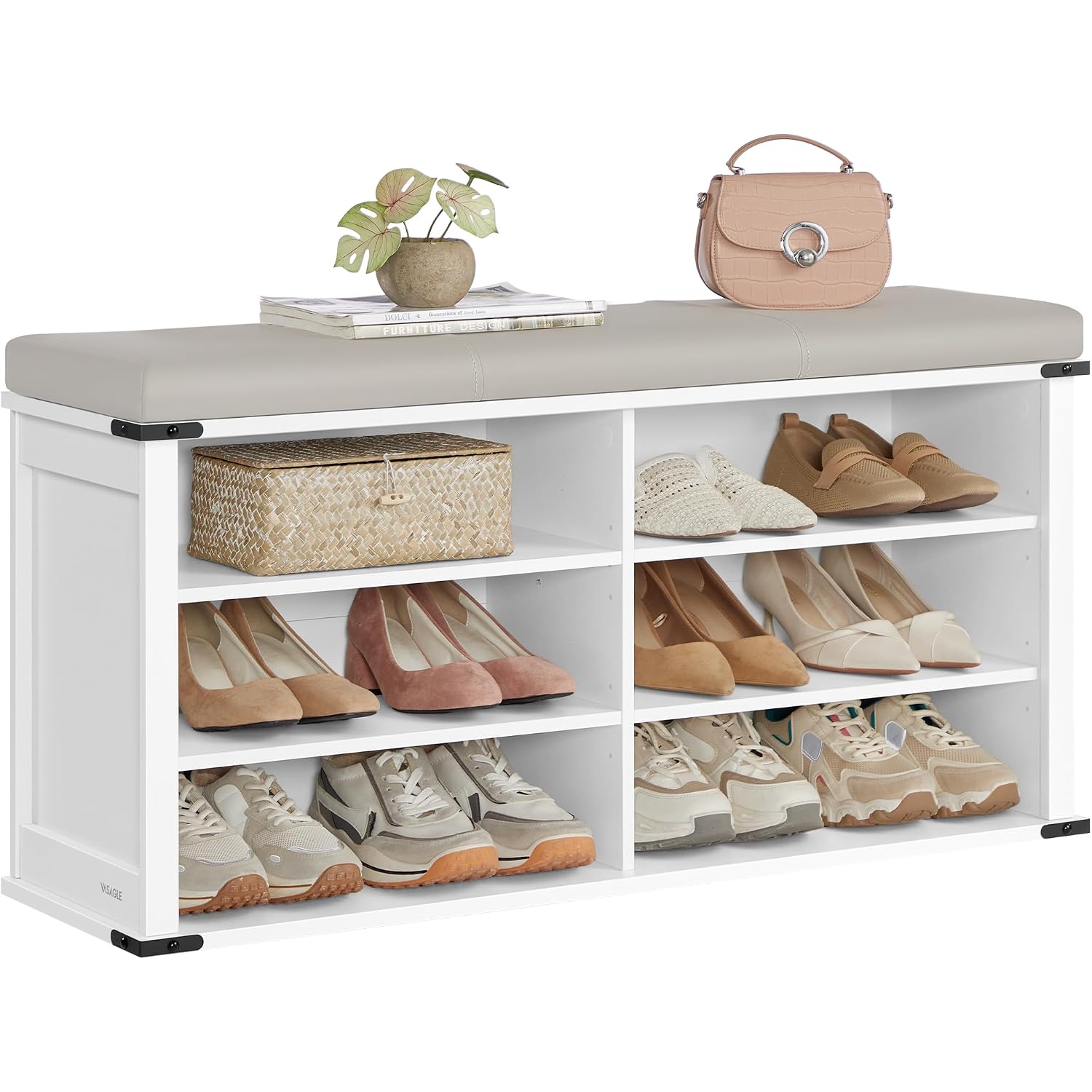 Vasagle Liry Collection - Shoe Storage Bench With Removable Cushion, Shoe Rack With Padded Seat, Entryway Bench With 6 Open Compartmens, Adjustable Shelves, Cloud White Ulsb105W01