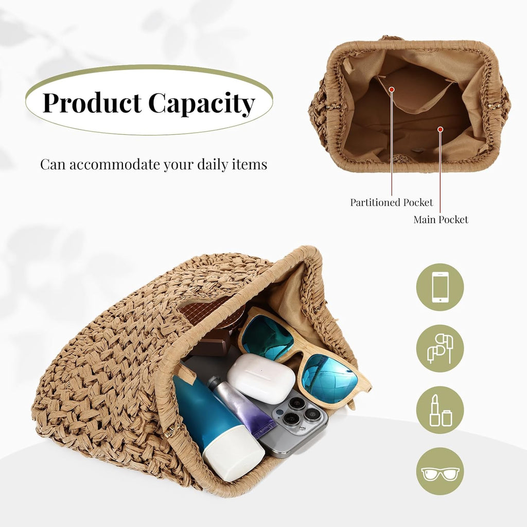 Emprier Straw Clutch Purses For Women Dumpling Bag Summer Beach Woven Handbag