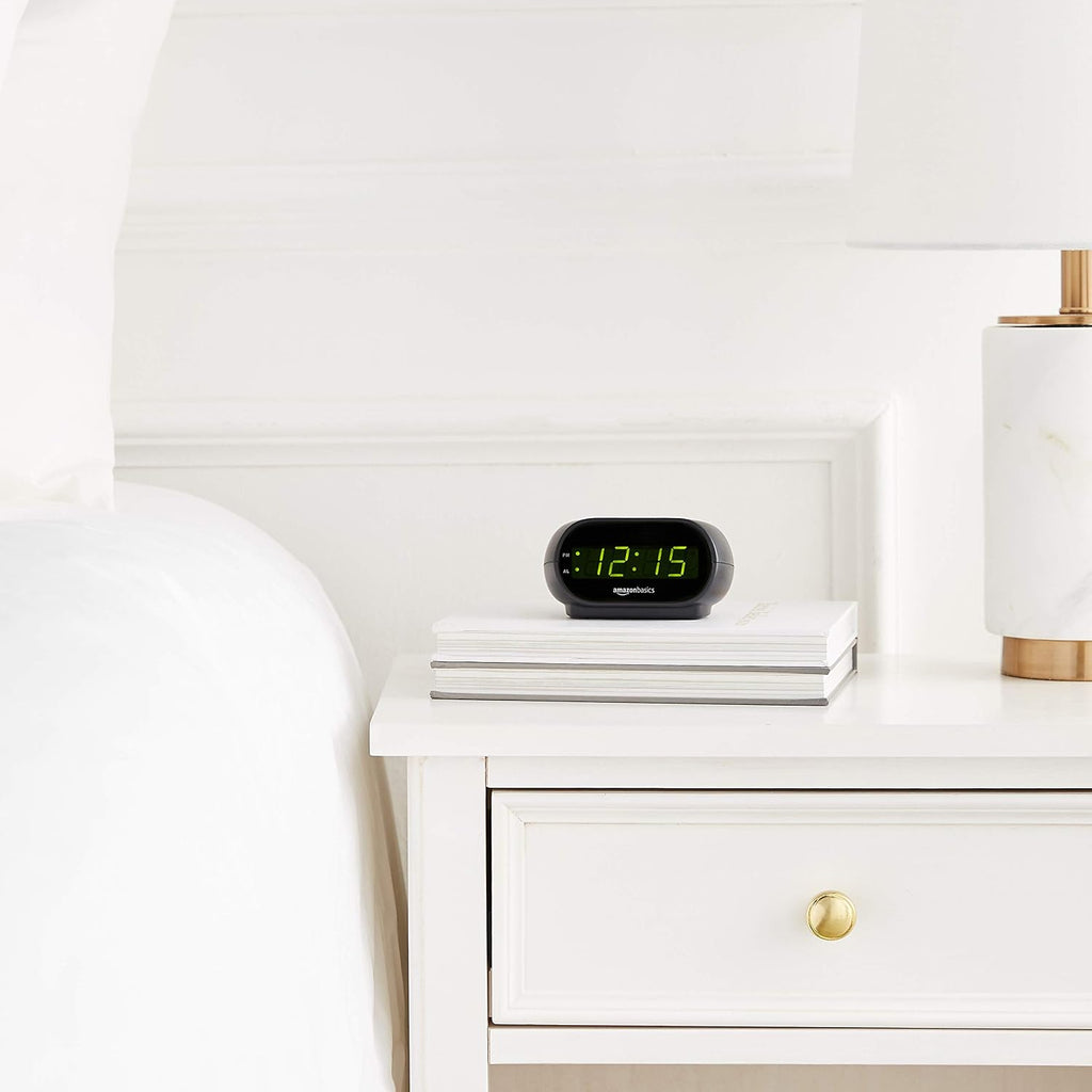 Amazon Basics Small Digital Oval Alarm Clock With Led Display, Nightlight, Snooze Function & Battery Backup, Black, 4.5 X 3.5 X 2.4 Inches