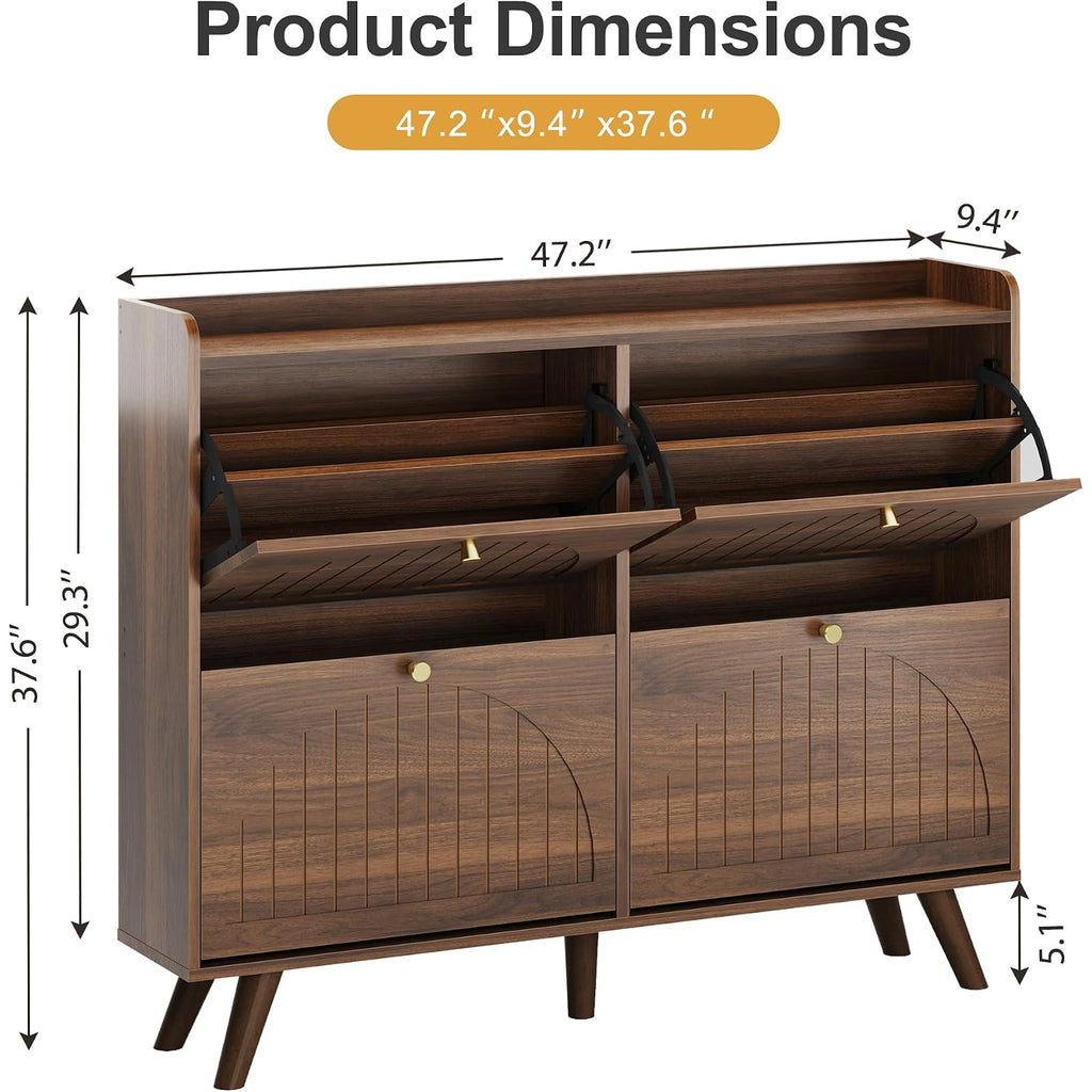 Decofy 47.2” Shoe Cabinet With 4 Flip-Down Drawers, Three Adjustable Levels, Freestanding Wooden Shoe Rack, Suitable For Entryway, Hallway, And Living Room (Walnut)