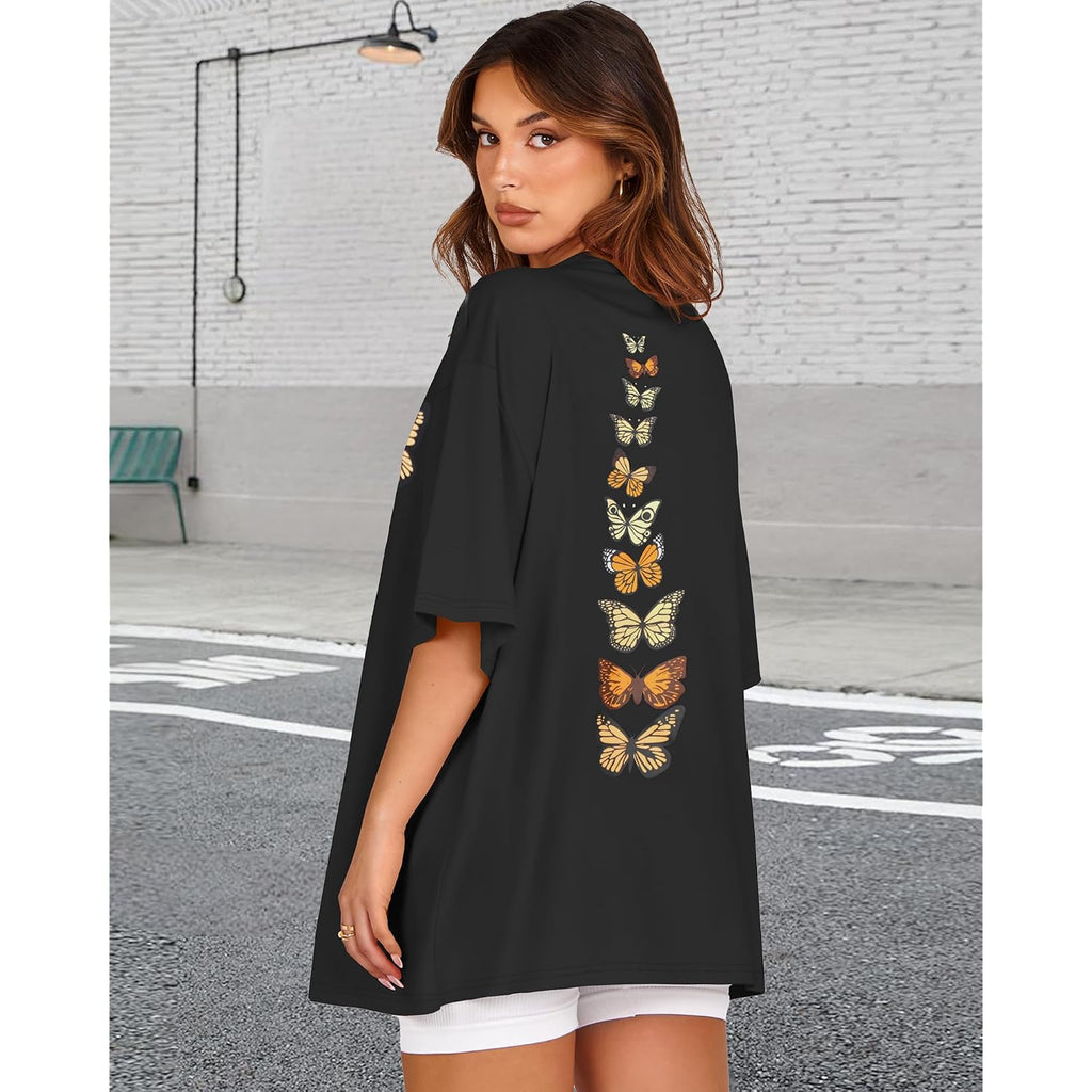 Womens Oversized Tshirt Graphic Tees Crew Neck Summer Short Sleeve Loose Fit Tops 2026 A-butterfly Print Black
