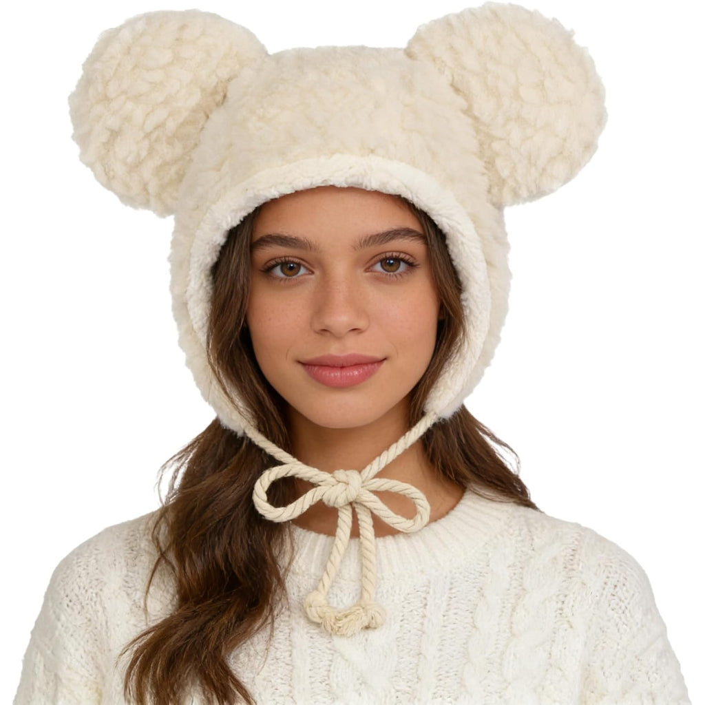 Fuzzy Bear Beanie Hat Faux Fur Trapper Cap Windproof Thermal Ushanka Plush Trooper Hat Winter Warm Sherpa Peruvian Cap Women
