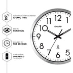 Sharp Atomic Analog Wall Clock - 12" Silver Brushed Finish Sets Automatically- Battery Operated Easy To Read Use: Simple, Style Fits Any Decor