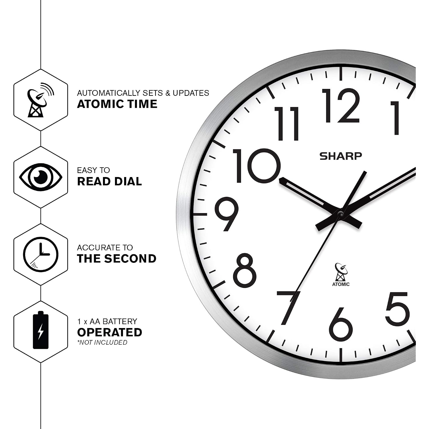 Sharp Atomic Analog Wall Clock - 12" Silver Brushed Finish Sets Automatically- Battery Operated Easy To Read Use: Simple, Style Fits Any Decor
