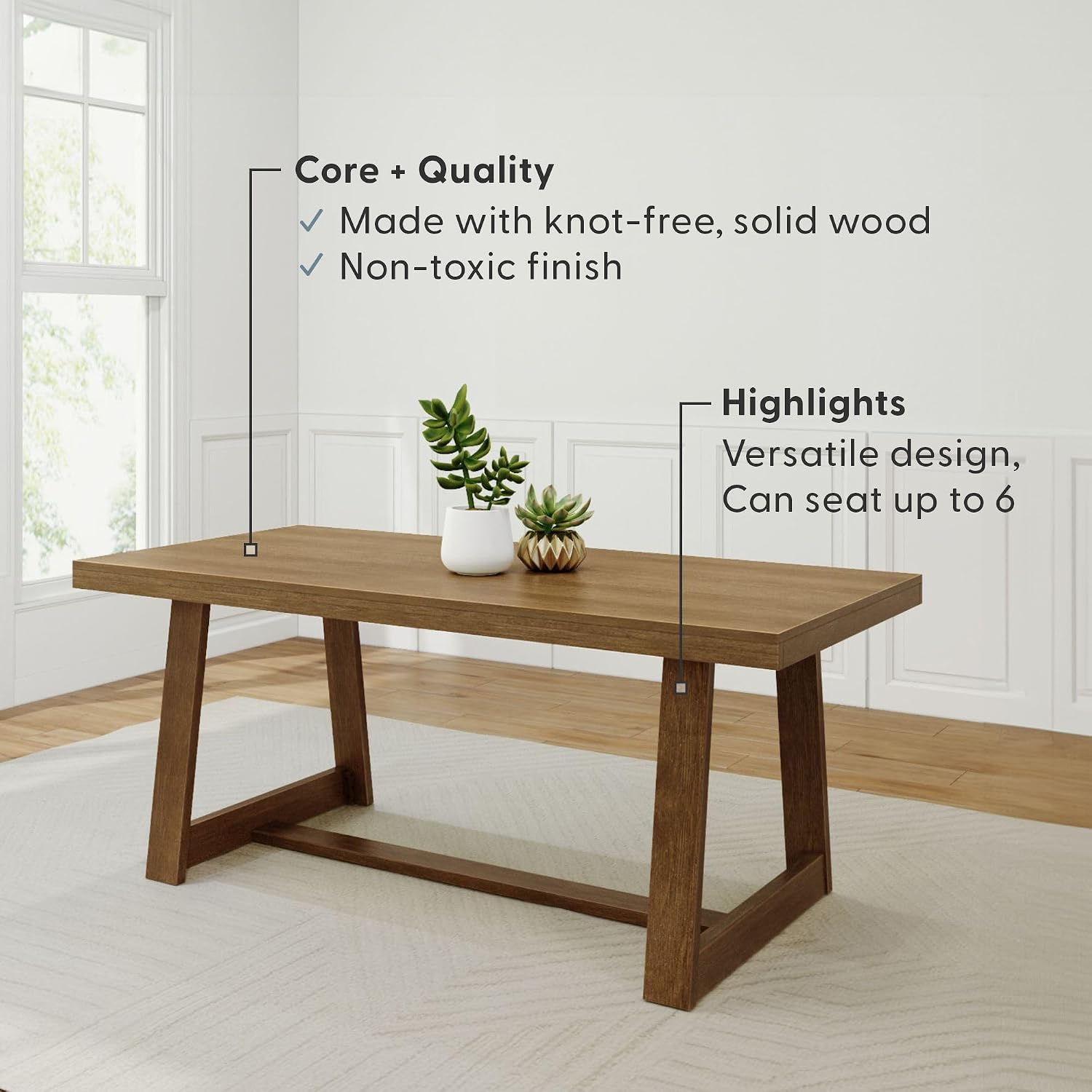 Plank+Beam 72 Inch Farmhouse Dining Table, Solid Wood Rustic Kitchen Table, Large Wooden Rectangular Dinner Table For Dining Room, Home Office, Living Room Furniture, Easy Assembly, Pecan Wirebrush