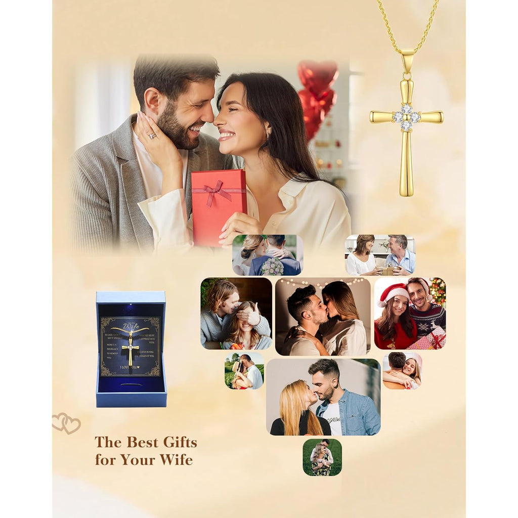 Moissanite Cross Necklace for Women Wife, 18K Gold Filled Sterling Silver Cross Pendant Chain Jewelry, Anniversary Birthday Gifts for Women Wife Her with LED Light-Up Gift Box and Gift Card-1CT