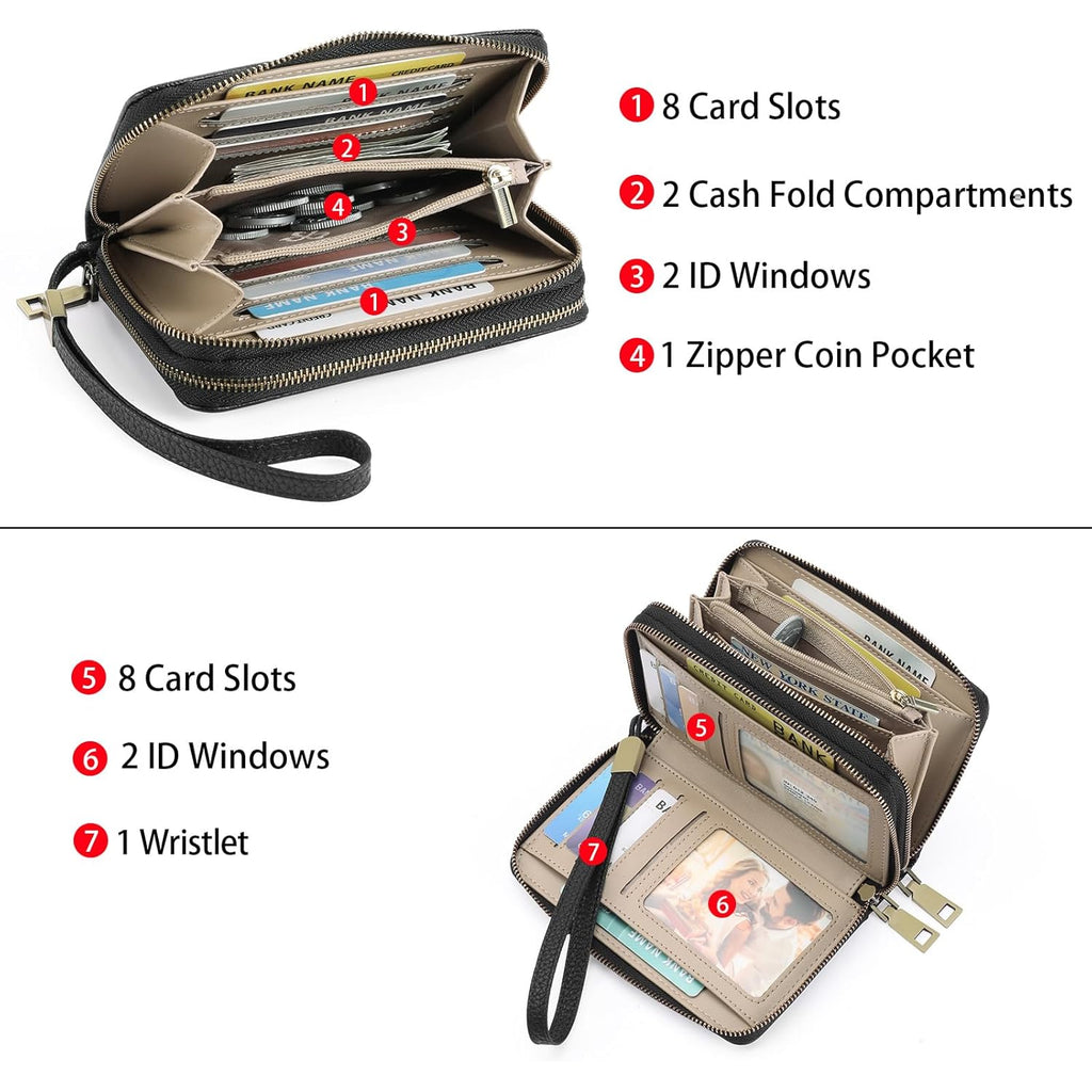 GOIACII Women's Wallet Double Zip Around Credit Card Holder Ladies Wallet Rfid Blocking Wristlet Purse Medium Size Leather Black