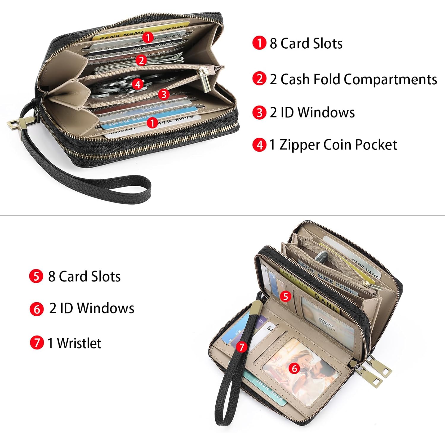 GOIACII Women's Wallet Double Zip Around Credit Card Holder Ladies Wallet Rfid Blocking Wristlet Purse Medium Size Leather Black