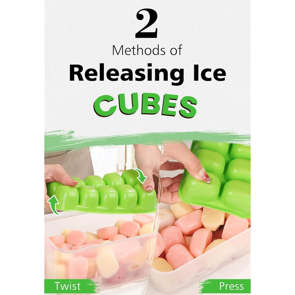 DOQAUS Ice Cube Tray with Lid and Bin - 4 Pack Ice Bucket Kits, Stackable Silicone Ice Trays for Freezer, Easy Pop Out, BPA Free for Cocktail, Coffee, Soup, Food, RV, Kitchen