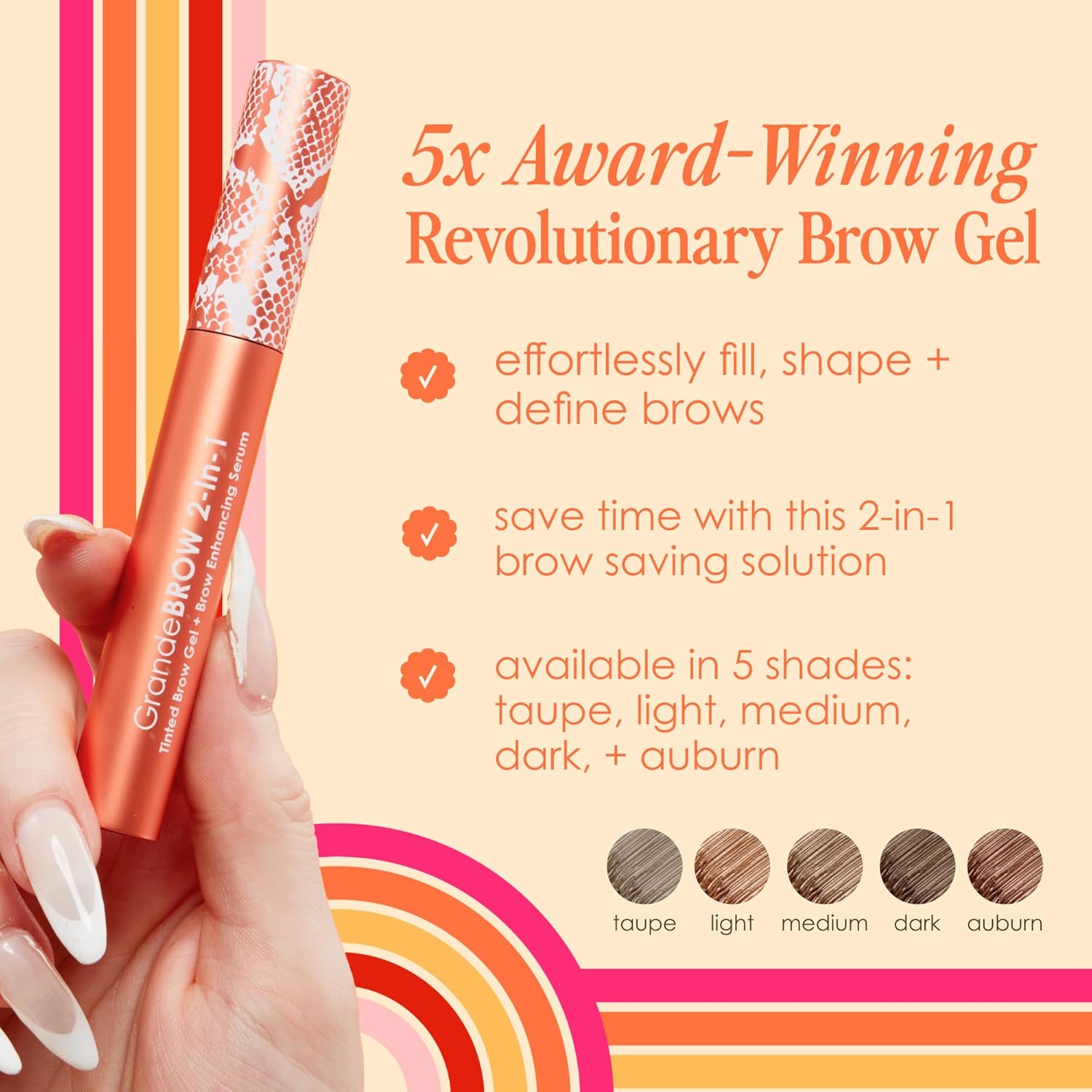 Grande Cosmetics GrandeBROW 2-in-1 Tinted Brow Gel + Brow Enhancing Serum for Thicker & Darker-Looking Eyebrows, Shape & Fill Brows, Long Wear, with Castor Oil & Mini Fibers
