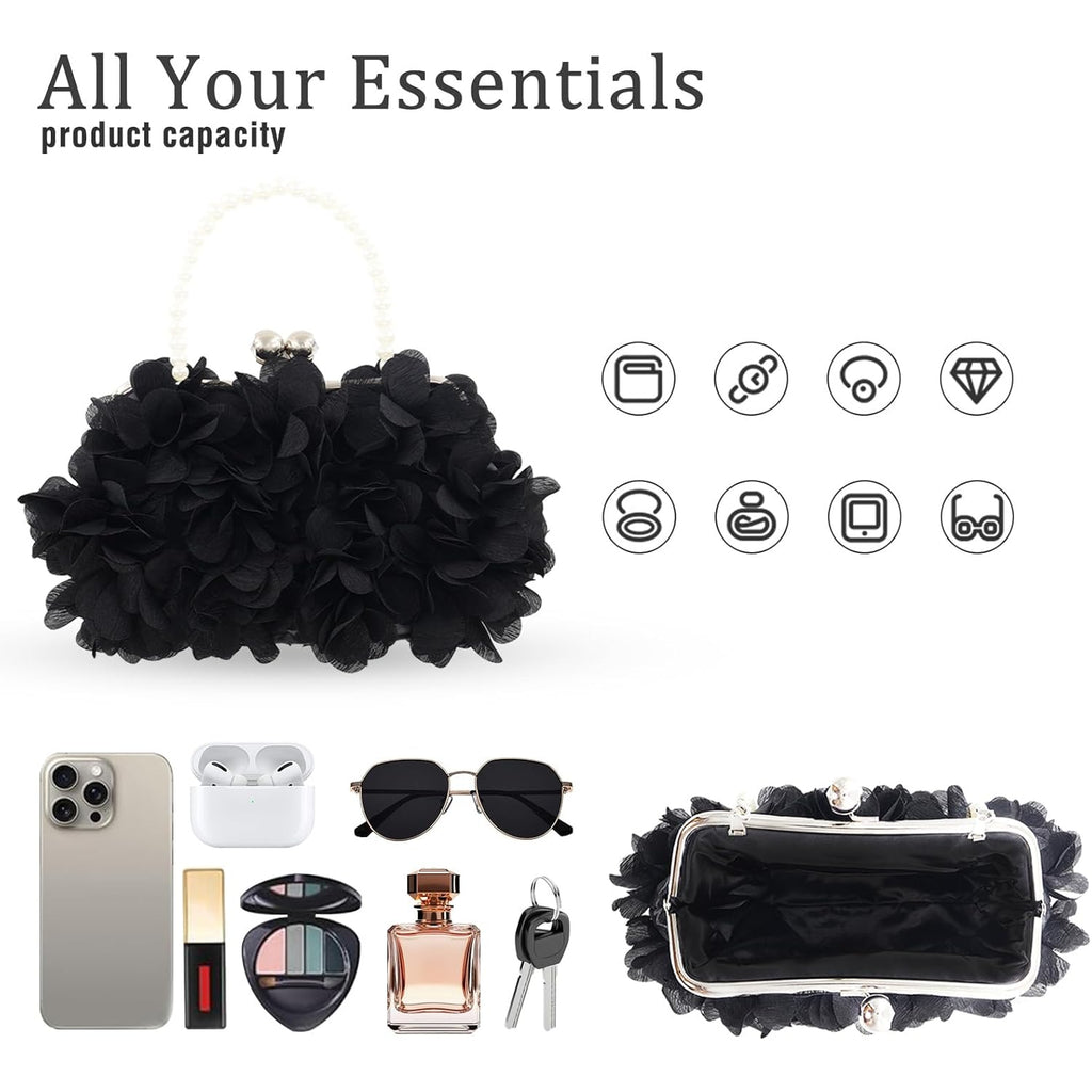 JAMBHALA Women Elegant Evening Purse, Small Floral Clutch Bag with Detachable Chain for Wedding, Party, Prom
