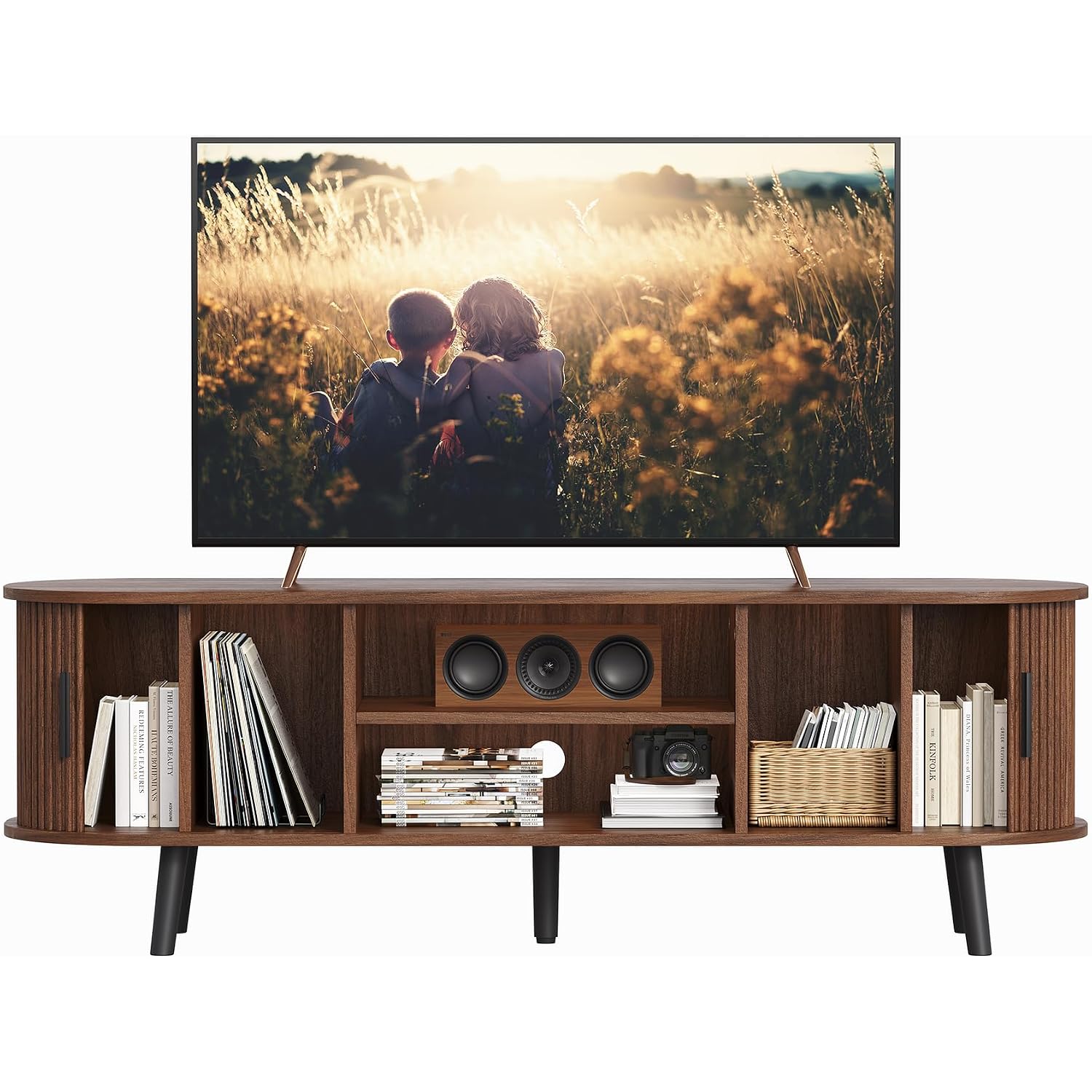 Choochoo Mid Century Modern Tv Stand For Tvs Up To 60 Inch, Entertainment Center With Fluted Sliding Doors And Hidden Storage, Tv Console With Adjustable Shelf For Living Room, Bedroom, Walnut