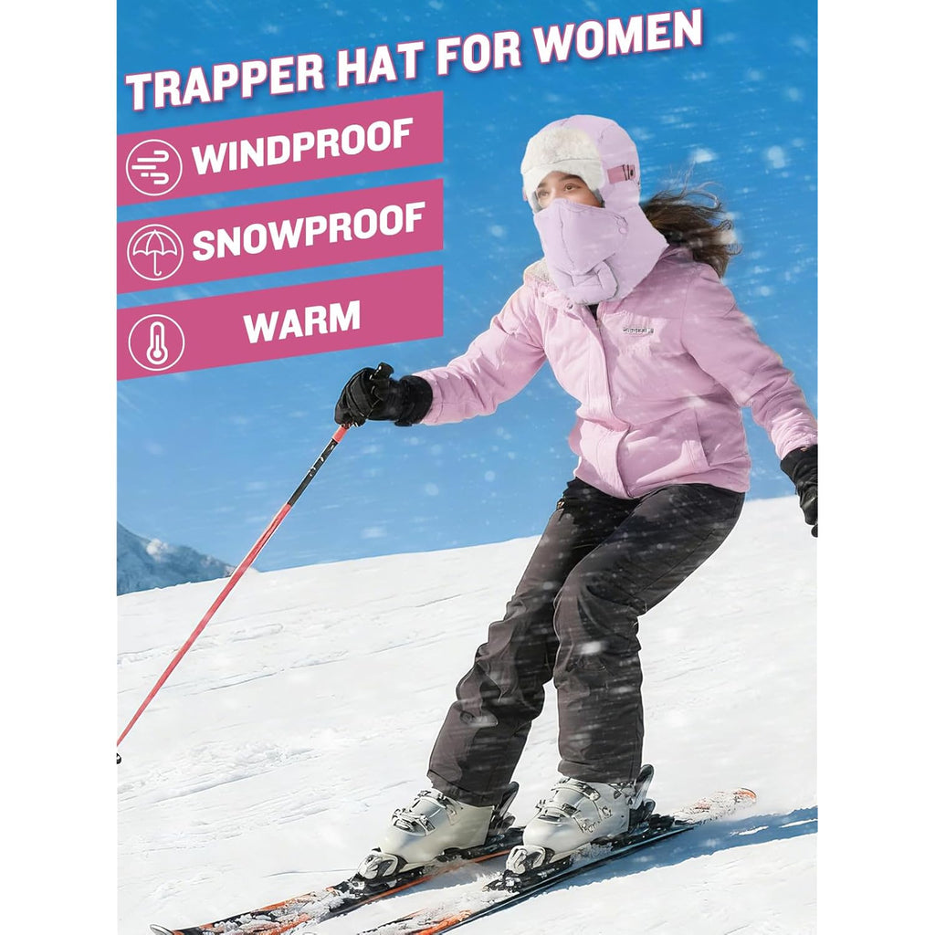 Winter Trapper Hat for Women - Windproof & Waterproof Hat with Removable Mask Goggles Ear Flaps, Purple