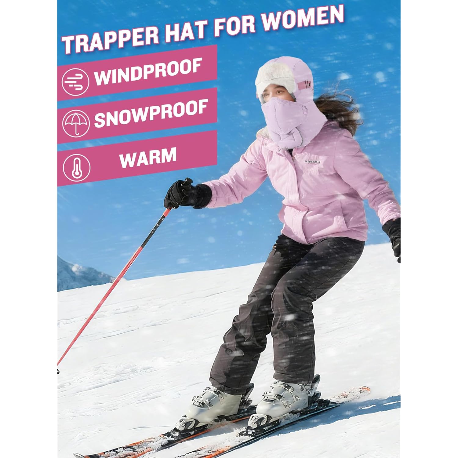 Winter Trapper Hat for Women - Windproof & Waterproof Hat with Removable Mask Goggles Ear Flaps, Purple