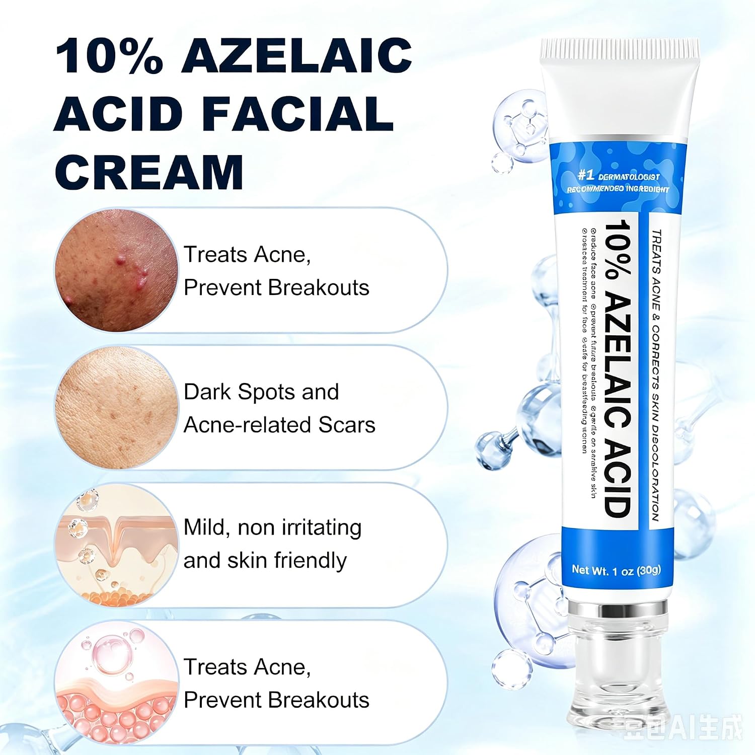 Azelaic Acid 10% Cream For Face - Acne Cream For Rosacea Reducing Relief Pimple Breakouts Blackhead Pigmentation And Redness - Azelaic Acid Gel For Facial And Skin Care