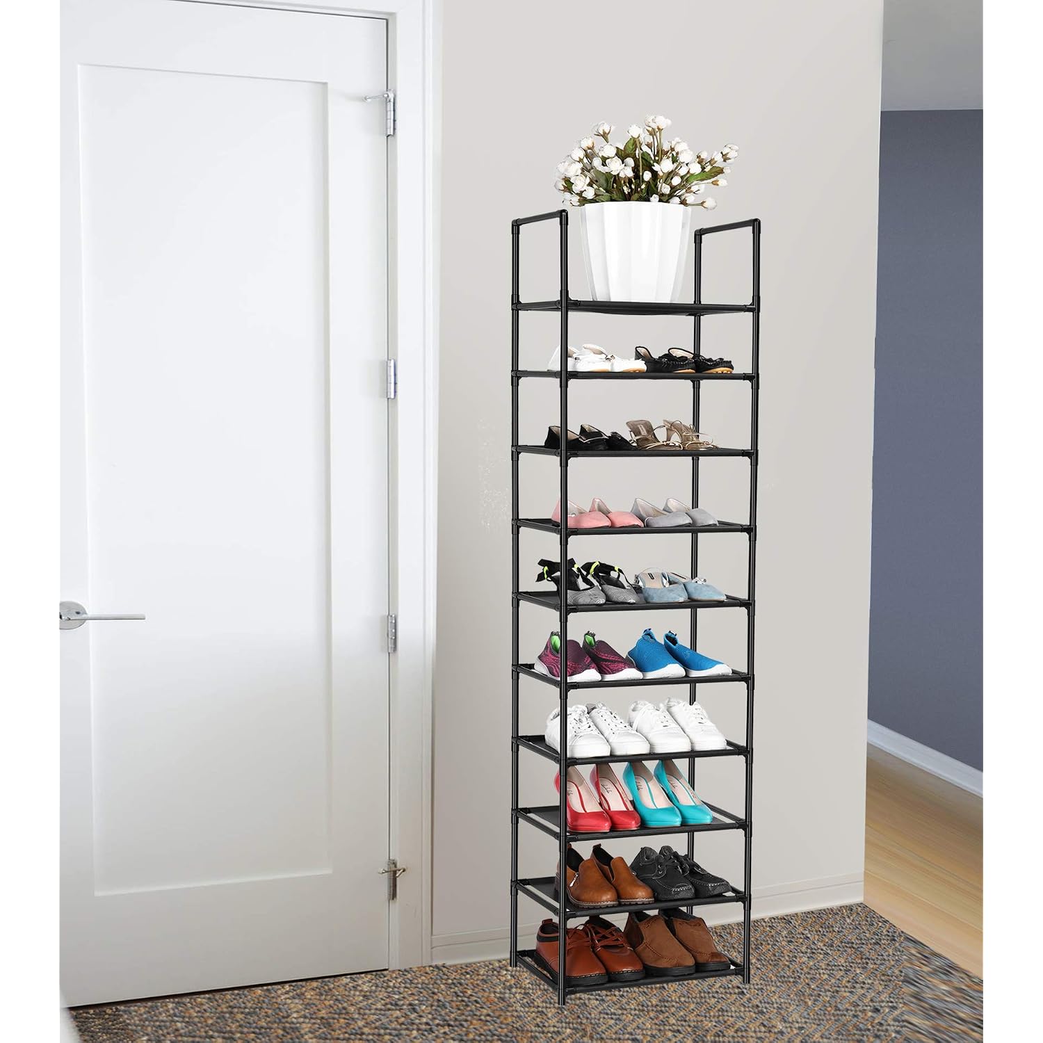 Fiducial Home 10 Tiers Shoe Rack Organizer 20 Pairs Tall Shoe Shelf | Tall Narrow Space Saving For Closet Entryway Dorm, Easy To Assemble, 17"L X 11"W X 68.8"H, Black
