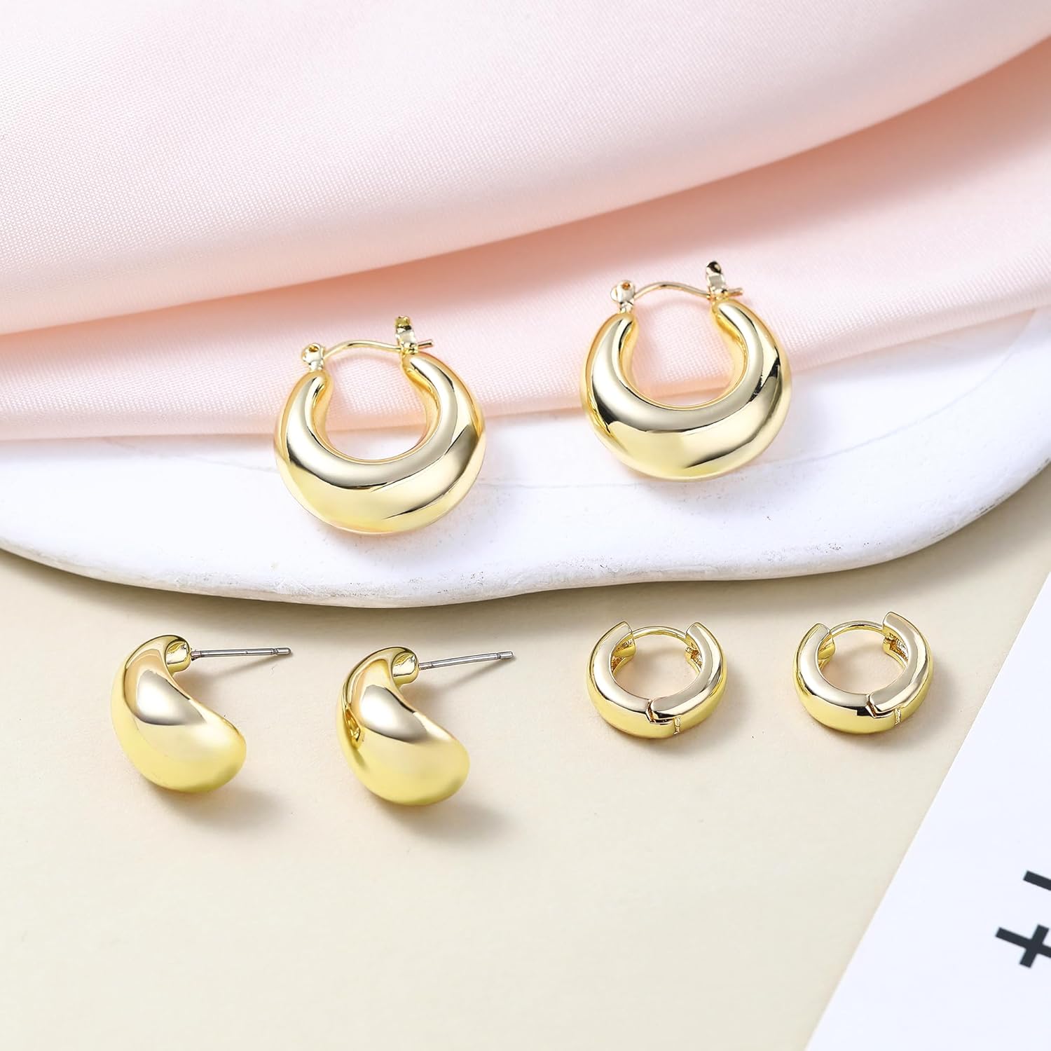 HILXURY Gold Chunky Hoop Earrings Set for Women, 14K Gold Plated Twisted Huggie Hoop Earring Hypoallergenic, Thick Open Hoops Set Lightweight