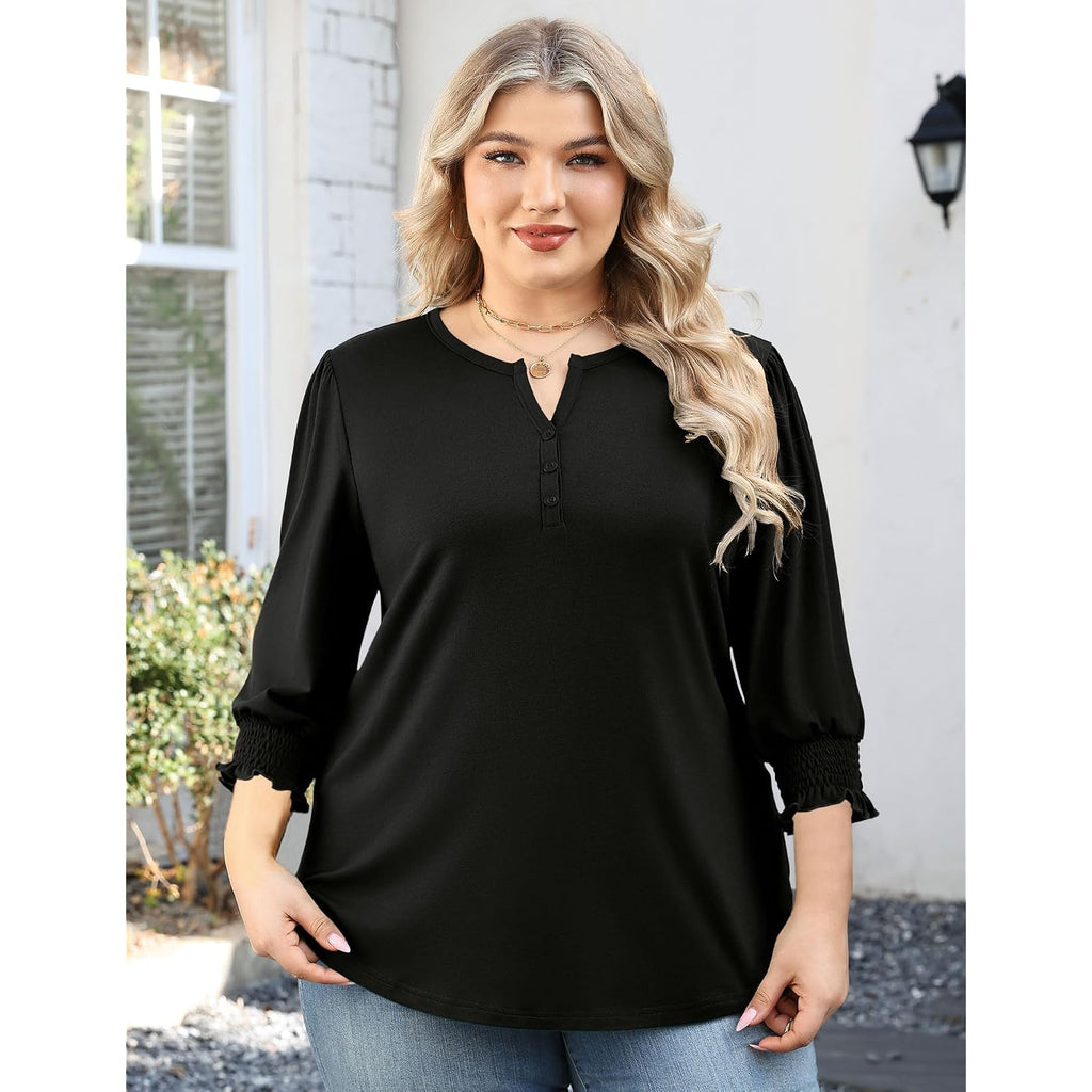 LOMON Womens Plus Size Tops 3/4 Sleeve Blouses Shirts Casual V Neck Loose Tunic Tops 1X-5X