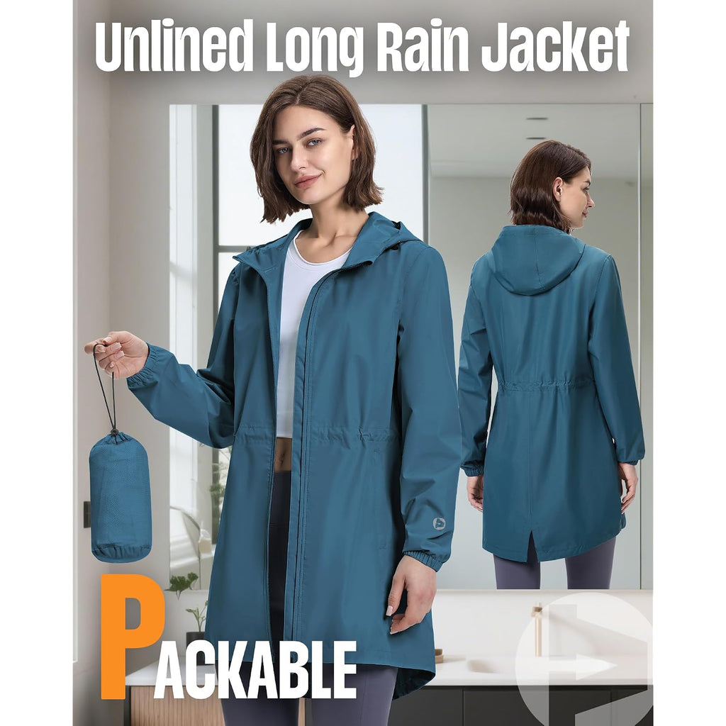 Outdoor Ventures Women'S Waterproof Long Rain Coats Packable Lightweight Rain Jacket With Hood Windproof Trench Coats