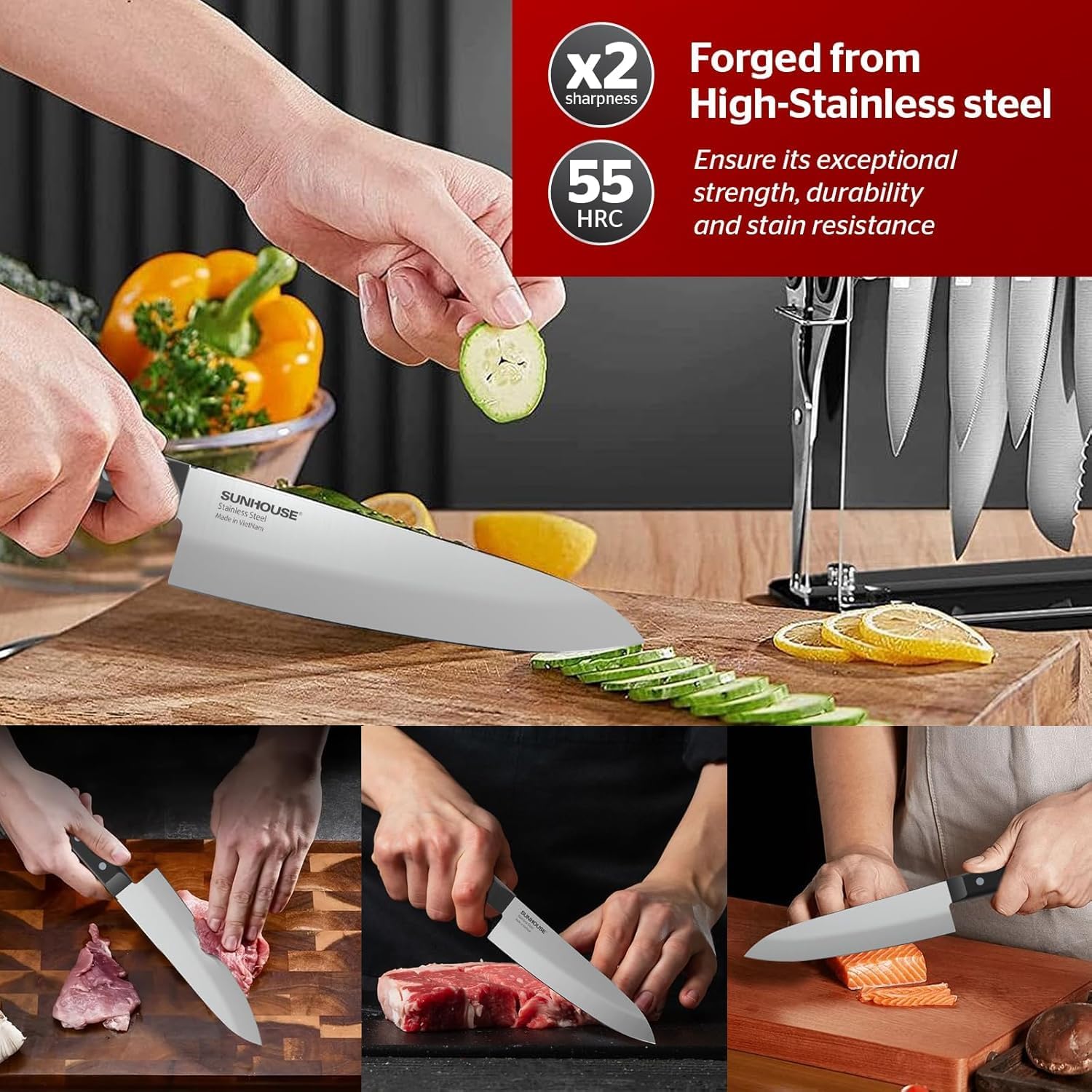 Sunhouse Chef Knife 7.5 Inch Ultra Sharp Kitchen Knife - High Carbon Stainless Steel, Ergonomic Non-Slip Handle, Apartment Essentials, Fathers Day Gift for Dad Husband Him
