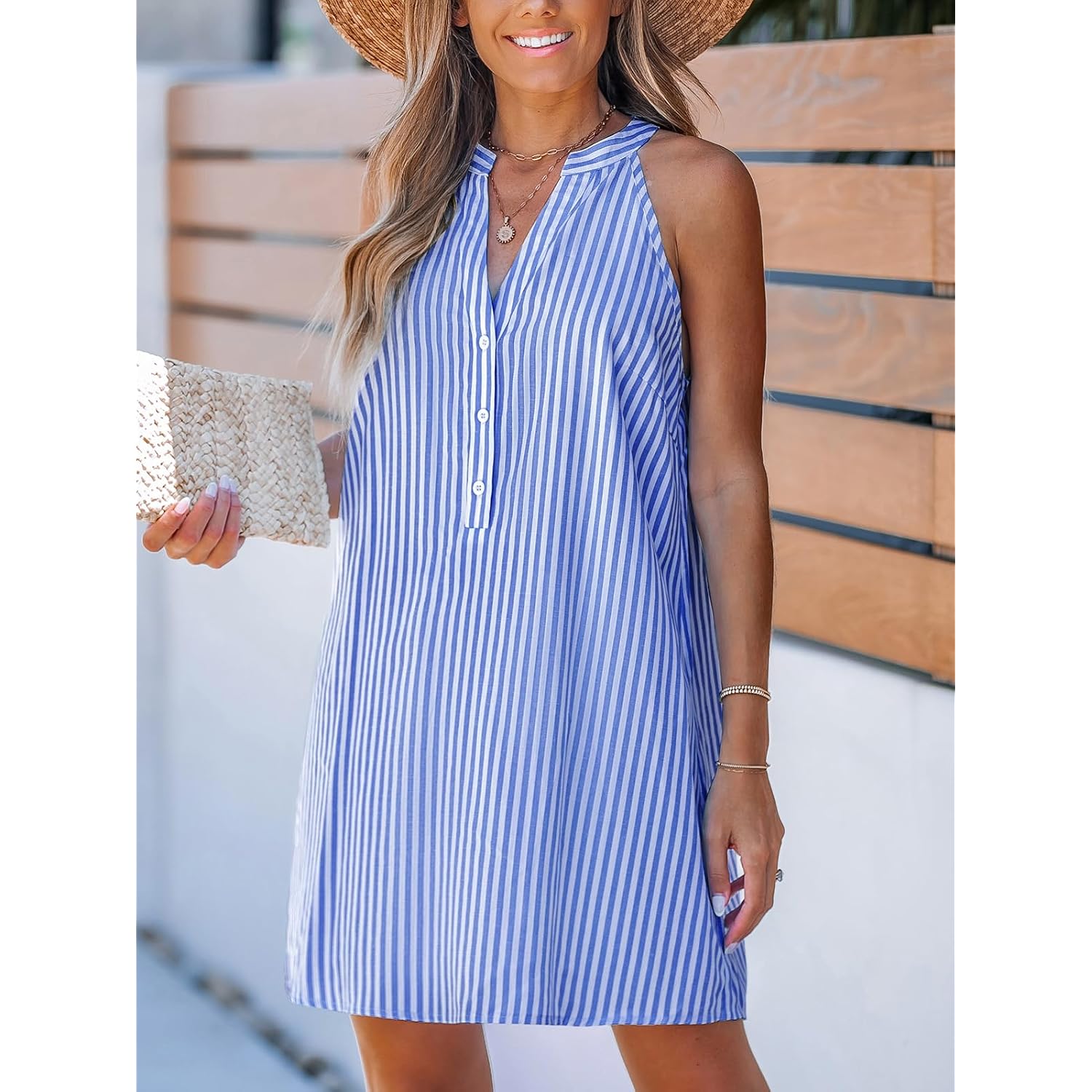 Cupshe Womens Summer Dresses V Neck Sleeveless Striped Button Up Mini Casual Coverup Dress