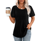 Womens T Shirts Short Sleeve Pleated Dressy Casual Scooped Neck Summer Tops Blouses