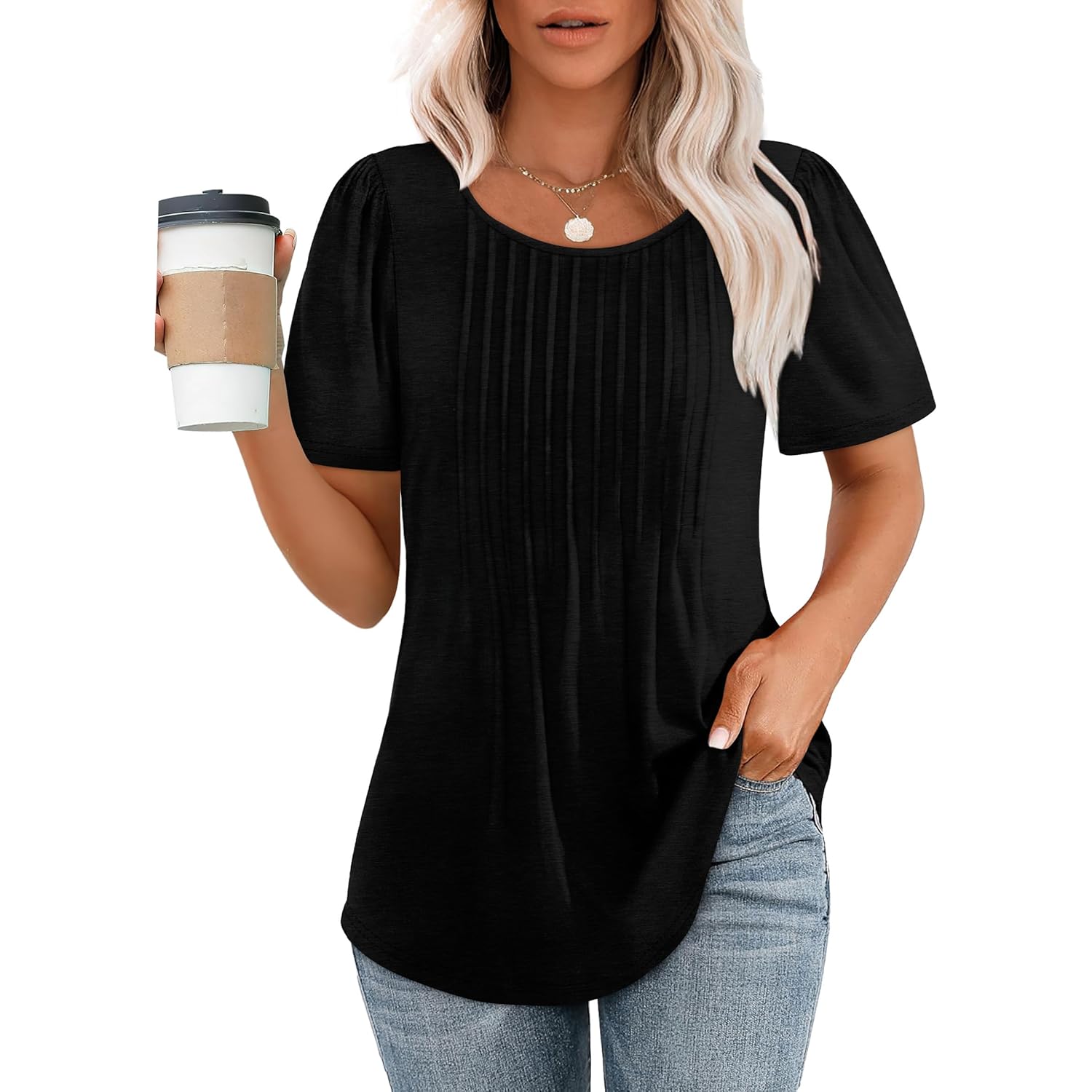 Womens T Shirts Short Sleeve Pleated Dressy Casual Scooped Neck Summer Tops Blouses