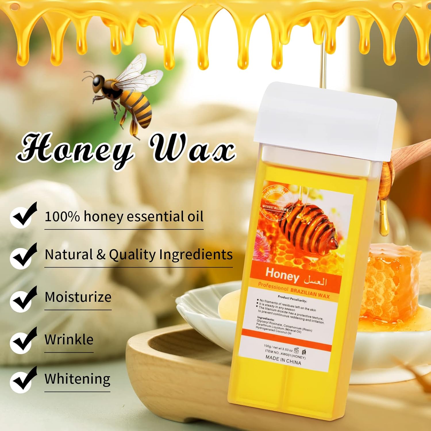 Roll On Wax, Honey Hair Removal Wax Cartridge, Depilatory Wax Roller Refill, 4 Pack - 100% Natural Material, Dermatologically Tested, Easy & Safe to Use, For Body Waxing, Leg and Arms