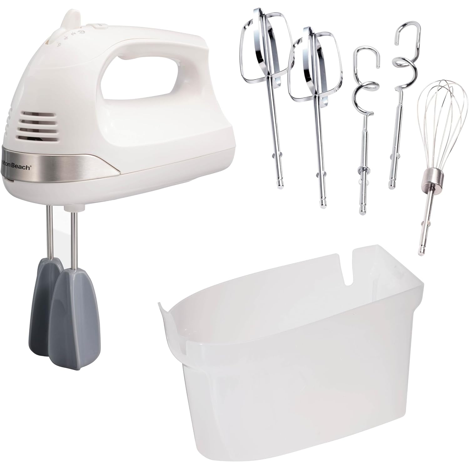 Hamilton Beach 6-Speed Electric Hand Mixer With Easy Clean Beaters | Traditional Beaters | Dough Hooks | Whisk | Snap-On Storage Case | 275 Watt Motor | White | 62636J