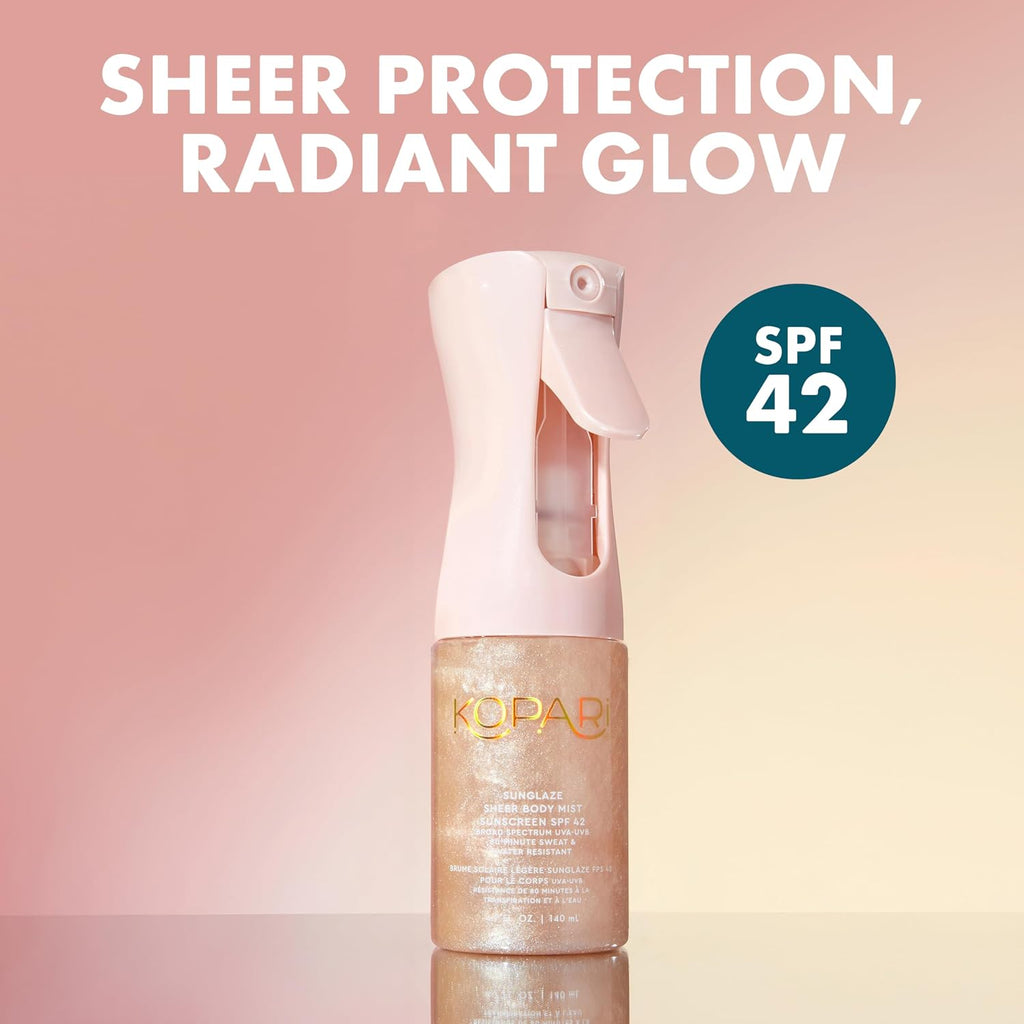 Kopari Rose Gold Sunglaze Sheer Body Mist Sunscreen Spf 42, Infused With Shimmering Body Oil, Hydrating Mist, Hydrates, Brightens, Makeup Friendly, Gives Skin A Glowy Finish, Lightweight,