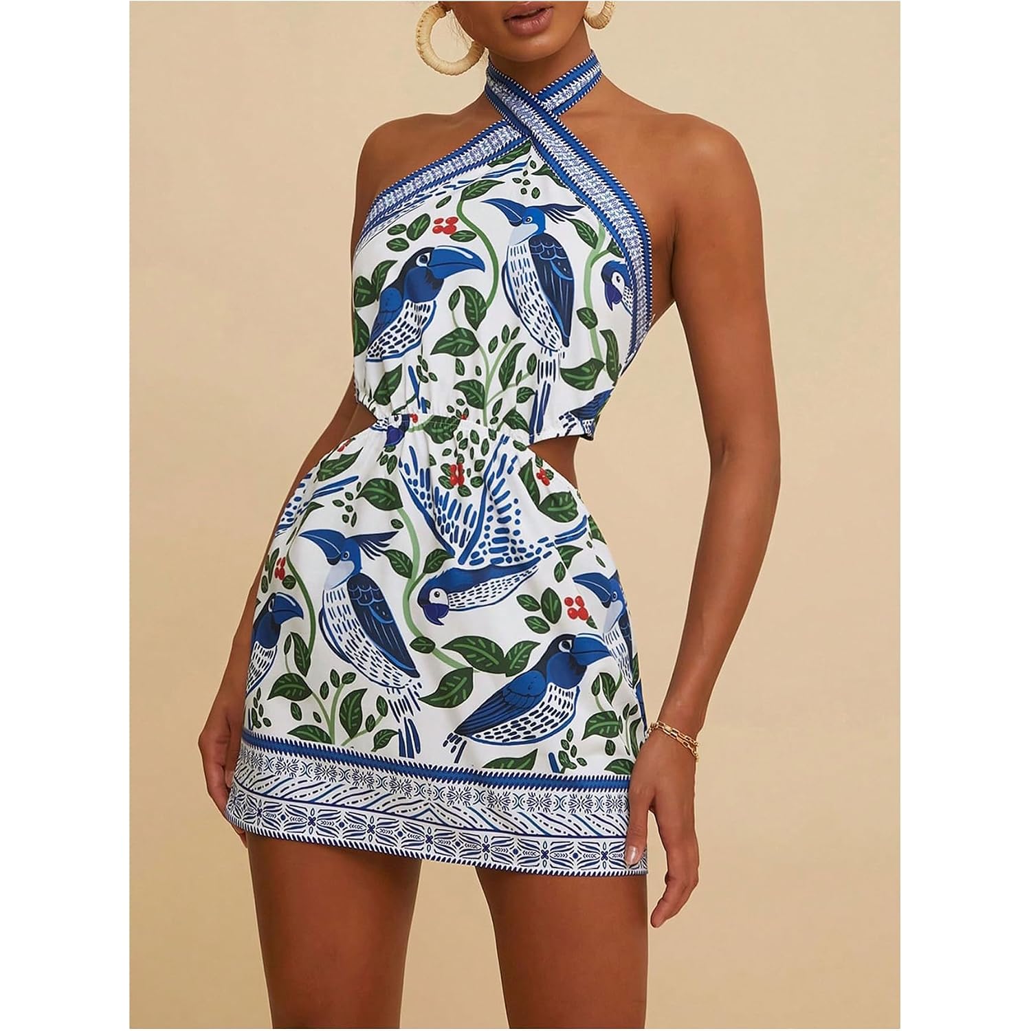 Makemechic Women'S Boho Mini Dress Summer Beach Vacation Halter Dresses Floral Sundress