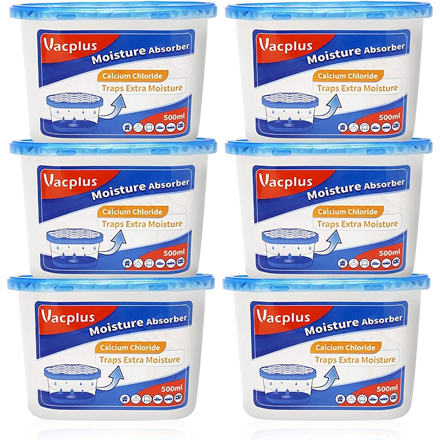 Vacplus Moisture Absorber, 10.5 Oz, Strong Absorption, Fragrance Free | Closet, Bathroom, Car, Odor Eliminator, Dehumidifier Bucket, 6 Pack