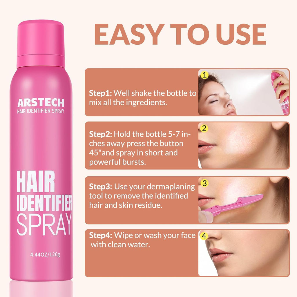 Hair Identifier Spray for Face Shaving Dermaplaning Tool Skin Body Dermaplaning Spray for Women with 4 Face Razor for Face Shaver Hair Removal Kit Excess Hair Dermaplane Razor for Women Face