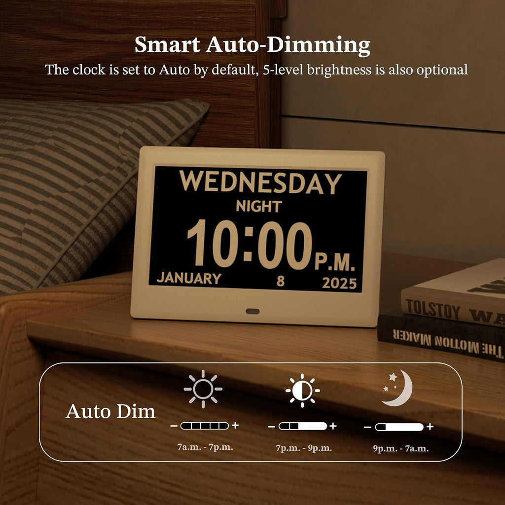 2025 New, Digital Clocks, 7'' Dementia Clock With Date And Time For Elderly, Auto-Dimming, 12 Reminders & 6 Alarms, Button & Remote Control, Auto Dst, Digital Calendar For Seniors Large Display