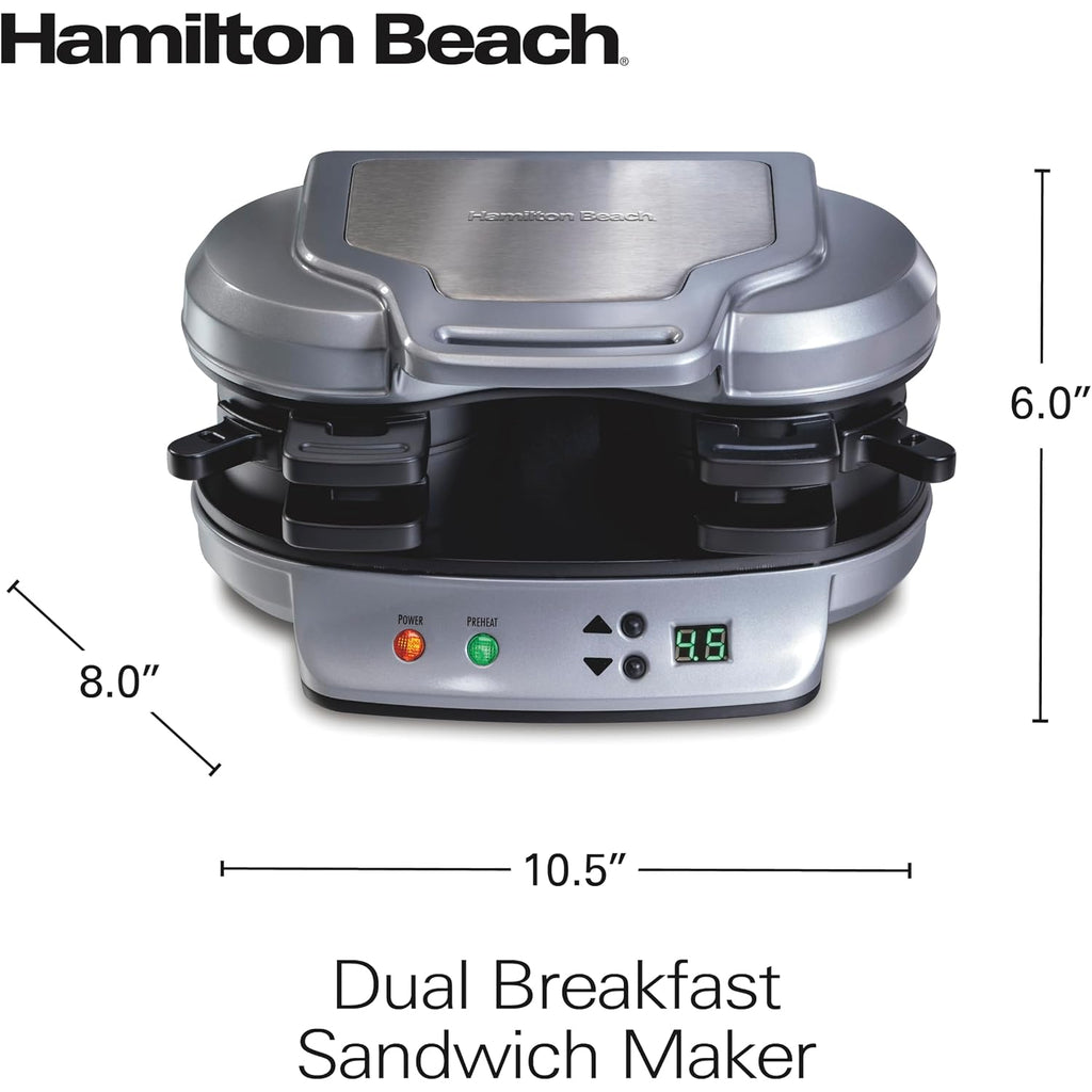 Hamilton Beach Dual Breakfast Sandwich Maker With Egg Cooker Rings & Timer | Perfect For English Muffins, Croissants, Mini Waffles | Customizable & Fast |Pfas-Free | Silver | 25490Mna